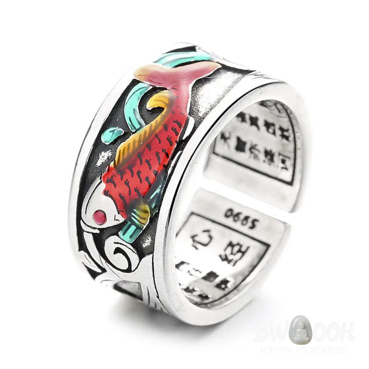 Buddha Stones Blue Enamel Koi Fish Heart Sutra Success Ring - BWOOOH - Koi Fish(Adjustable) - Ring