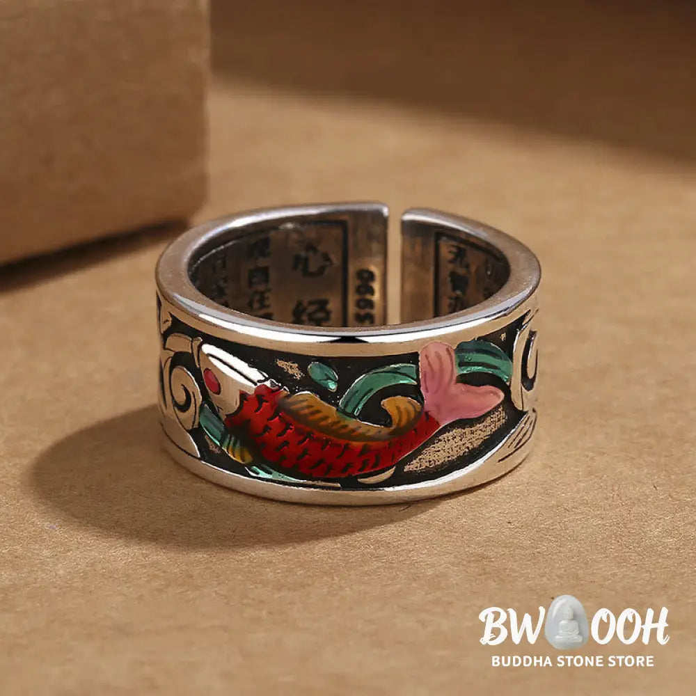 Buddha Stones Blue Enamel Koi Fish Heart Sutra Success Ring - BWOOOH - Koi Fish(Adjustable) - Ring