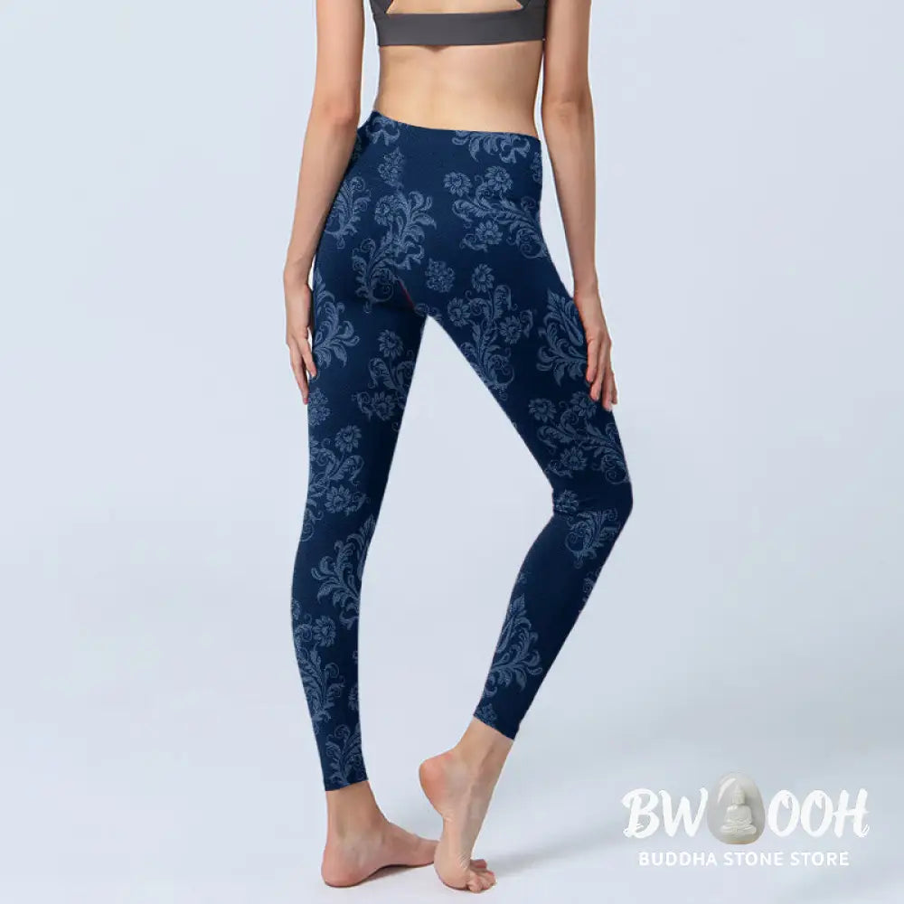 BWOOOH printed yoga leggings - Blue Floral Leaf Print Gym Leggings Wome