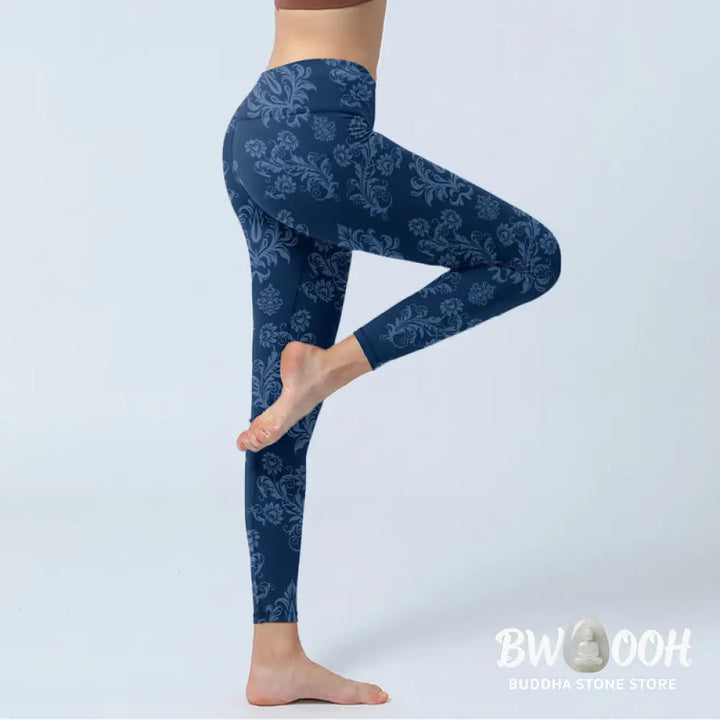 BWOOOH printed yoga leggings - Blue Floral Leaf Print Gym Leggings Wome