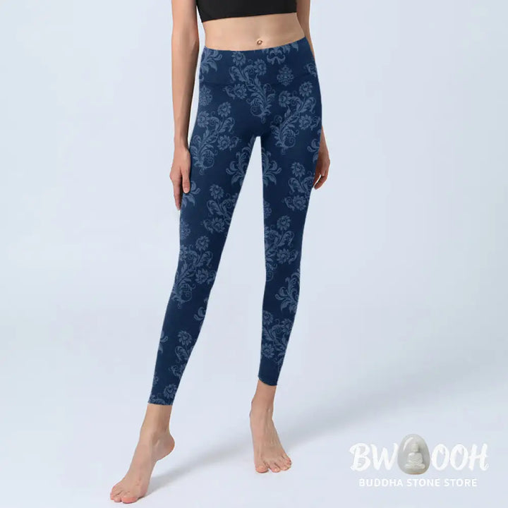 BWOOOH printed yoga leggings - Blue Floral Leaf Print Gym Leggings Wome