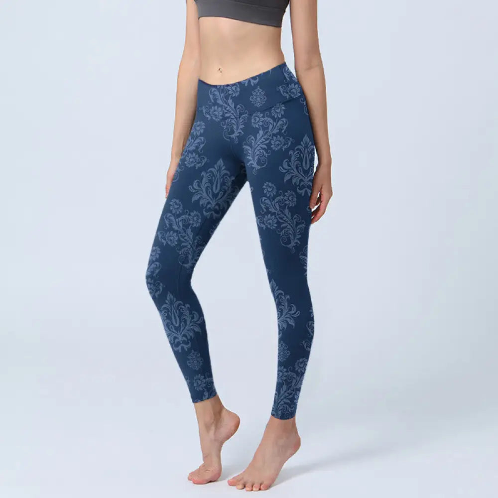 BWOOOH printed yoga leggings - Blue Floral Leaf Print Gym Leggings Wome