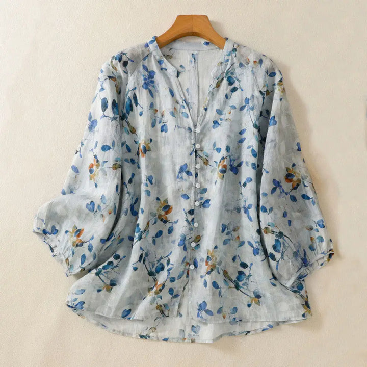 BWOOOH Blue Floral V-Neck Three Quarter Sleeve Women&