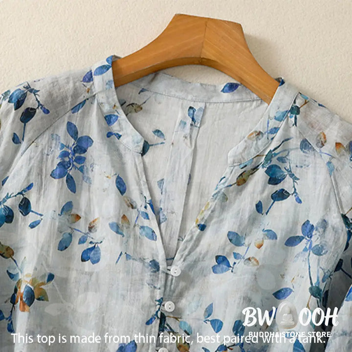 Buddha Stones Blue Floral V-Neck Three Quarter Sleeve Women’s Cotton Shirt - Women’s Shirts