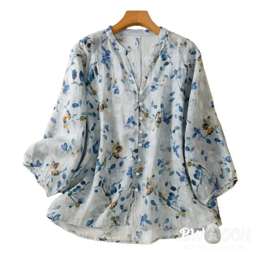 Buddha Stones Blue Floral V-Neck Three Quarter Sleeve Women’s Cotton Shirt - Women’s Shirts