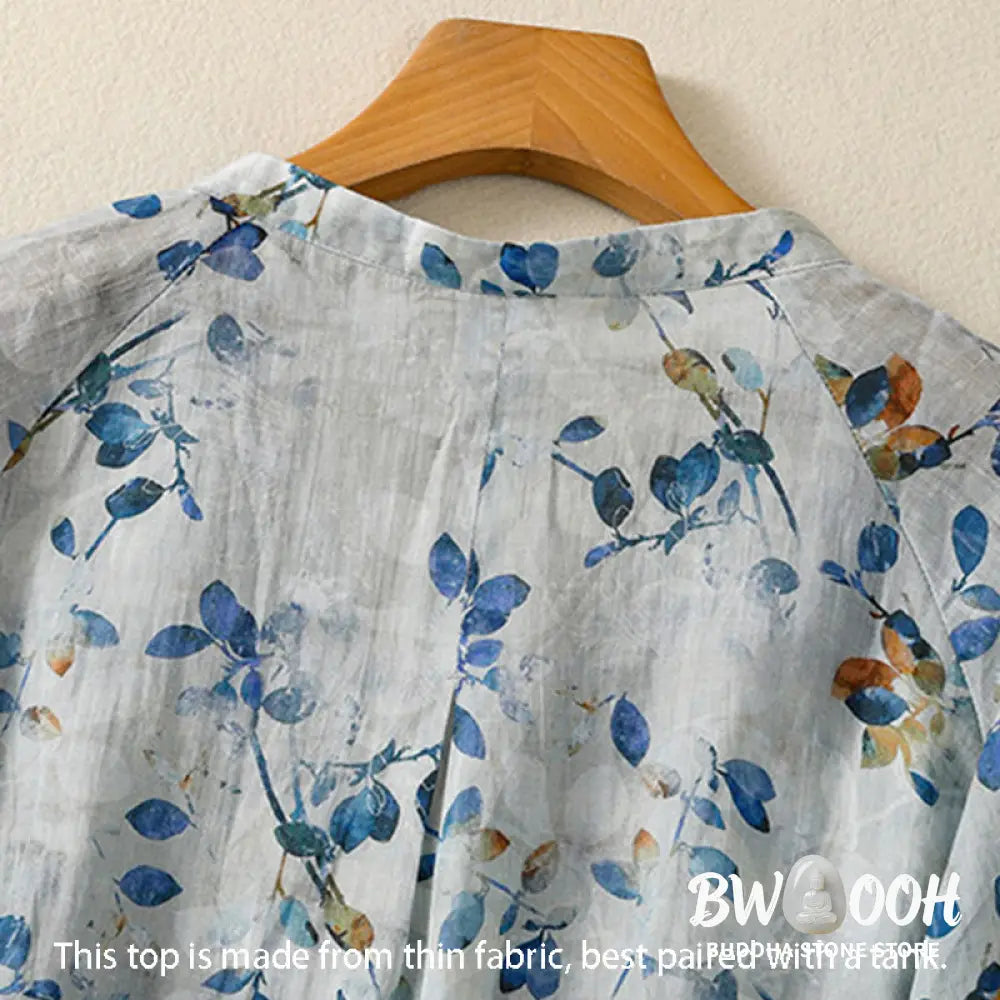 Buddha Stones Blue Floral V-Neck Three Quarter Sleeve Women’s Cotton Shirt - Women’s Shirts