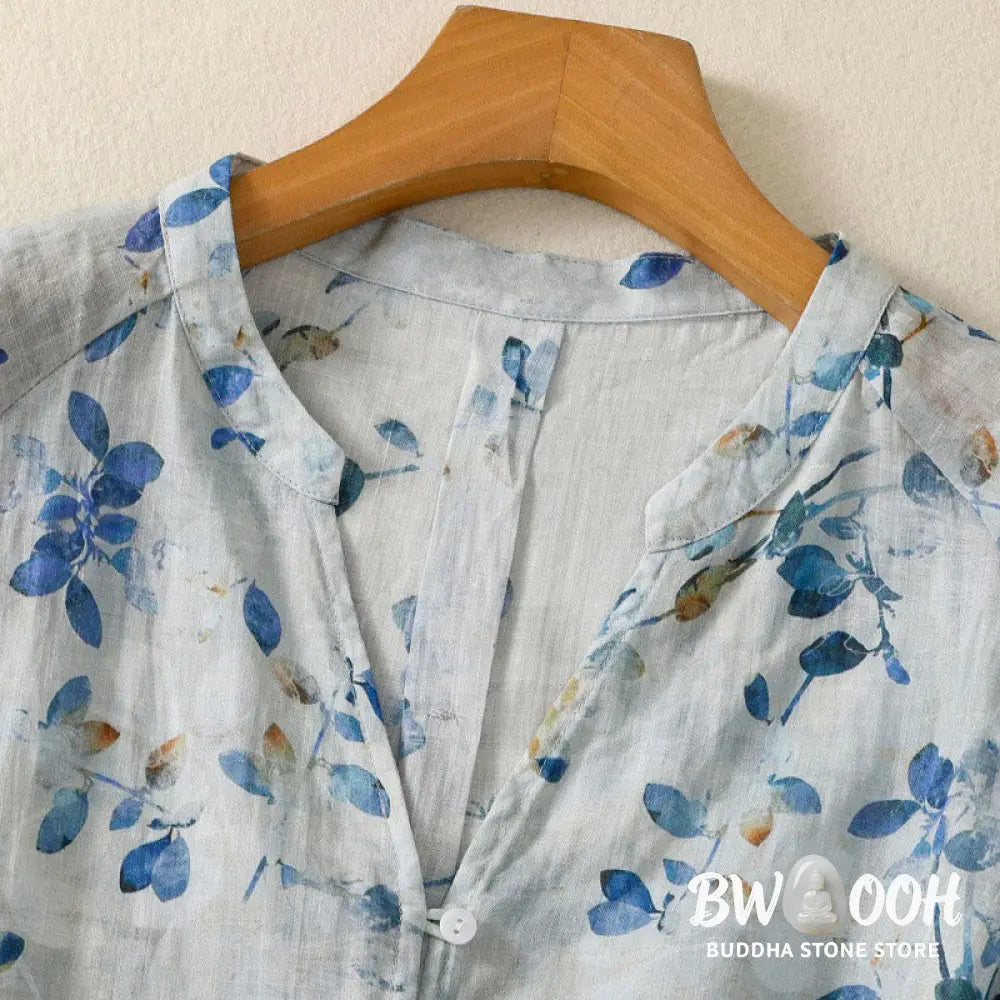 Buddha Stones Blue Floral V-Neck Three Quarter Sleeve Women’s Cotton Shirt - Women’s Shirts