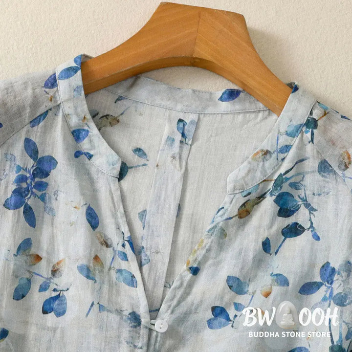 Buddha Stones Blue Floral V-Neck Three Quarter Sleeve Women’s Cotton Shirt - Women’s Shirts