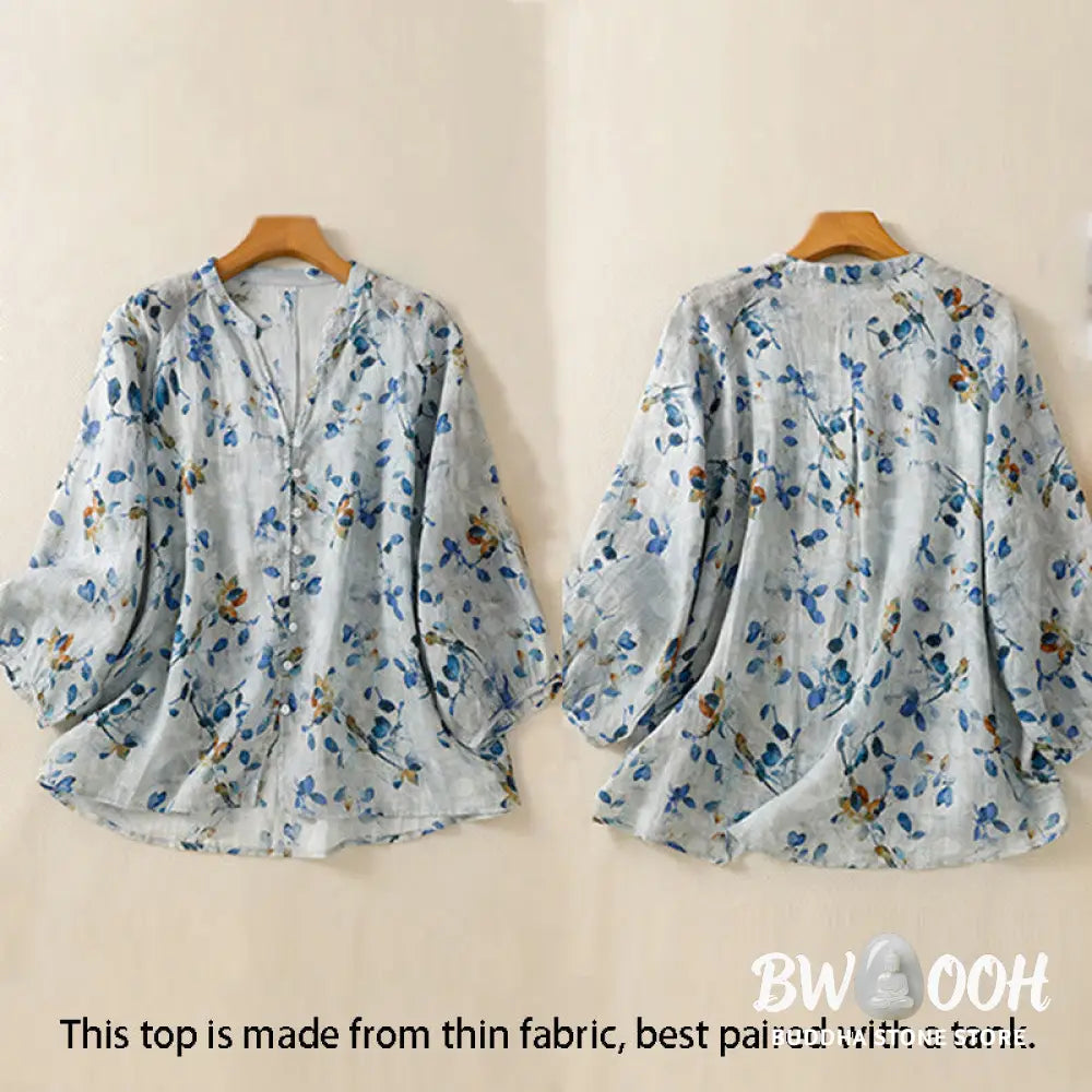 Buddha Stones Blue Floral V-Neck Three Quarter Sleeve Women’s Cotton Shirt - Women’s Shirts