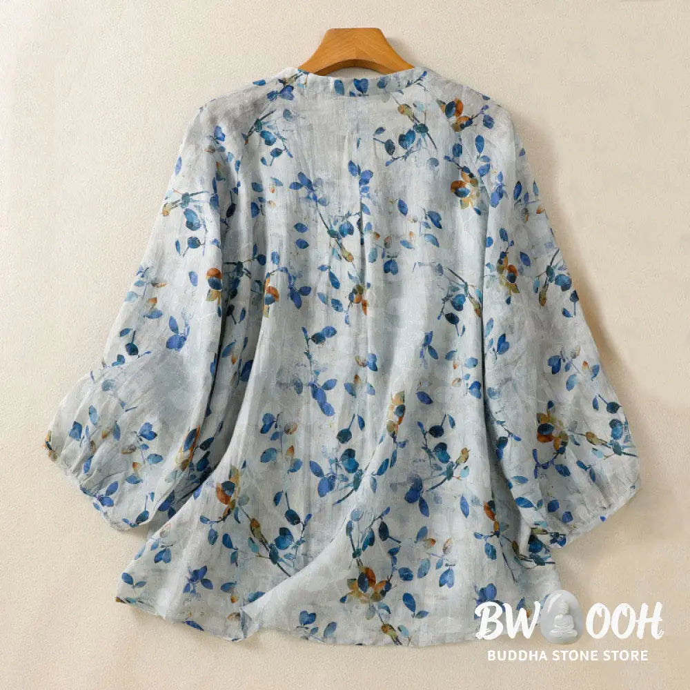 Buddha Stones Blue Floral V-Neck Three Quarter Sleeve Women’s Cotton Shirt - Women’s Shirts
