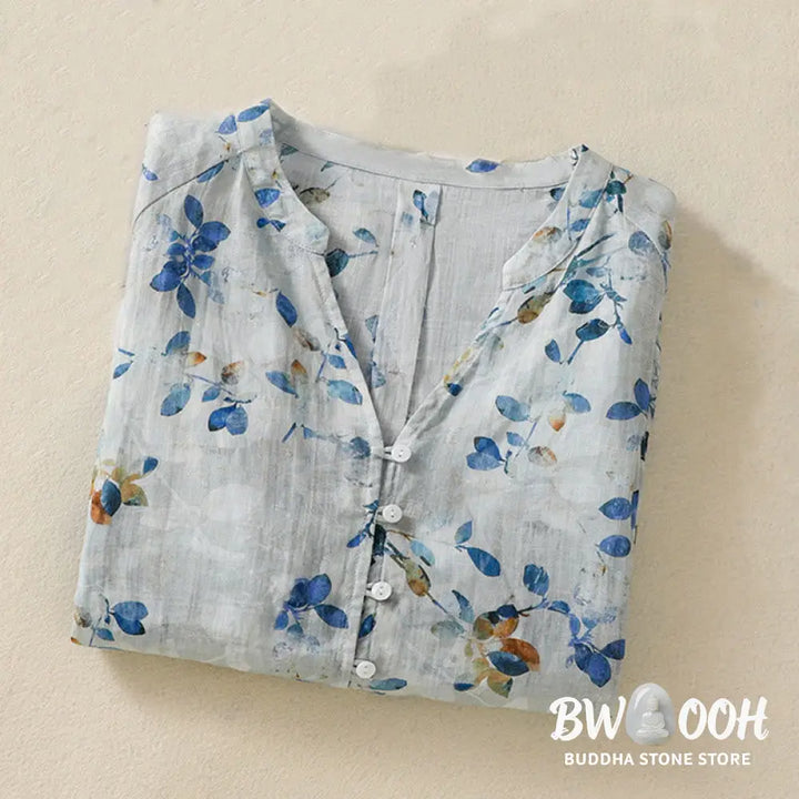 Buddha Stones Blue Floral V-Neck Three Quarter Sleeve Women’s Cotton Shirt - Women’s Shirts