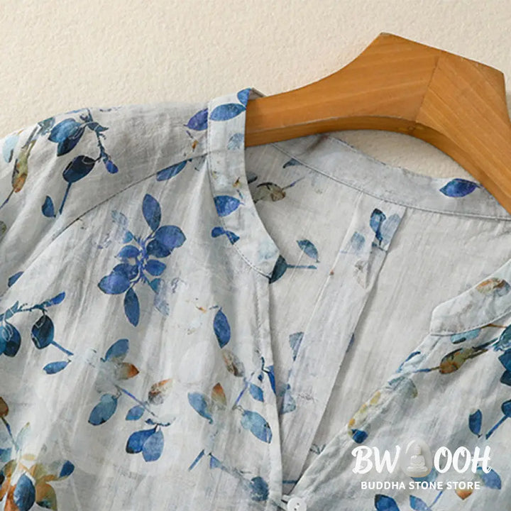 Buddha Stones Blue Floral V-Neck Three Quarter Sleeve Women’s Cotton Shirt - Women’s Shirts