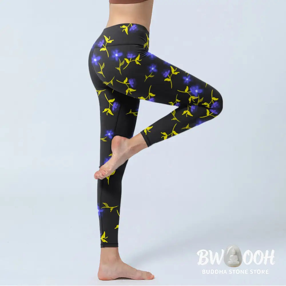 BWOOOH printed yoga leggings - Blue Flower Leaves Pattern Print Gym Leg