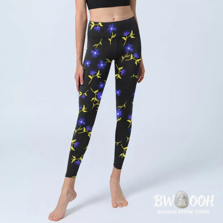 BWOOOH printed yoga leggings - Blue Flower Leaves Pattern Print Gym Leg
