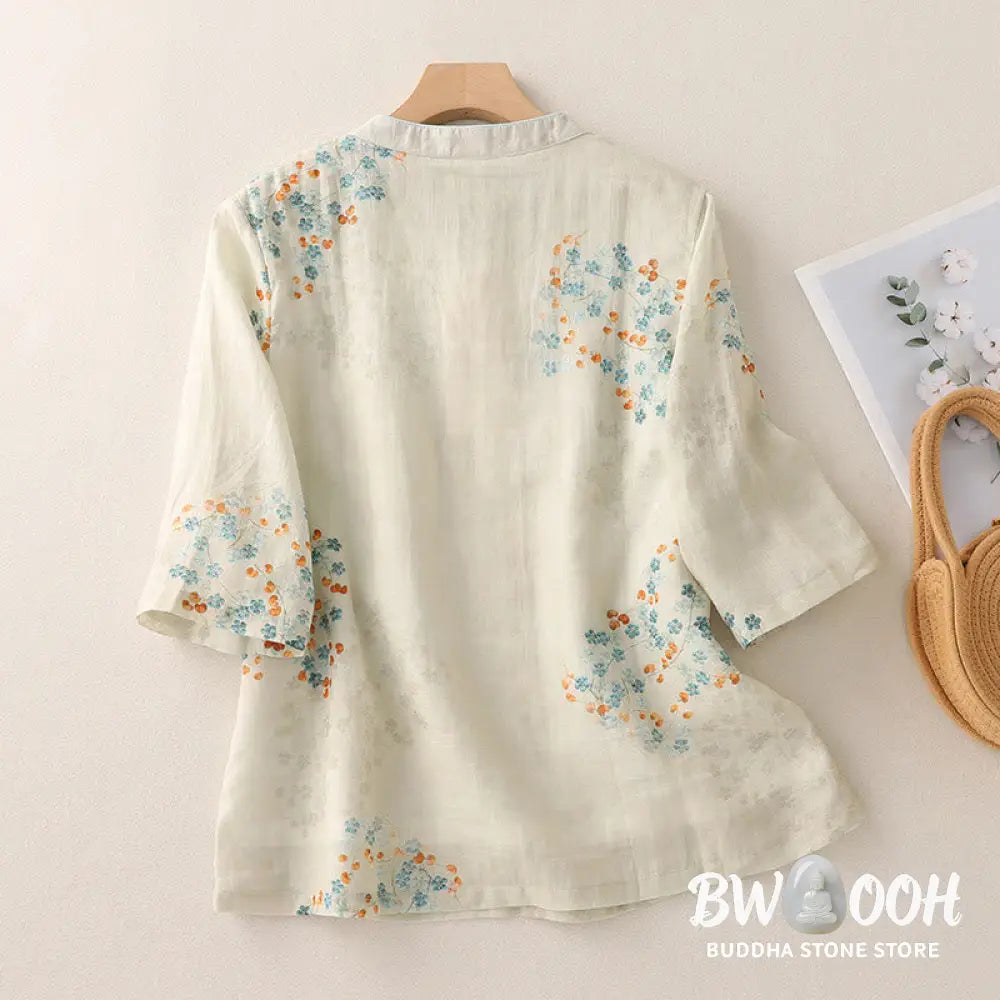 Buddha Stones Blue Flowers Orange Leaves Frog-Button Three Quarter Sleeve Cotton Linen Shirt - Women’s Shirts