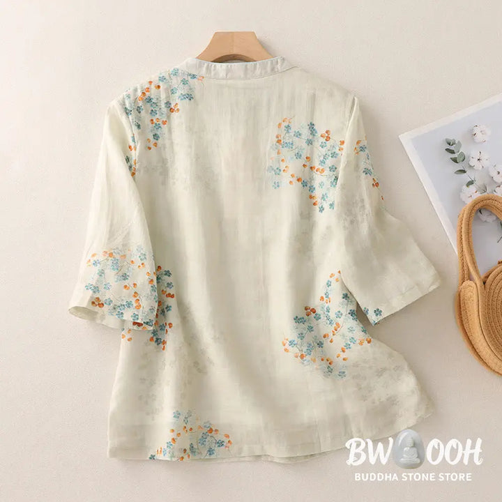 Buddha Stones Blue Flowers Orange Leaves Frog-Button Three Quarter Sleeve Cotton Linen Shirt - Women’s Shirts