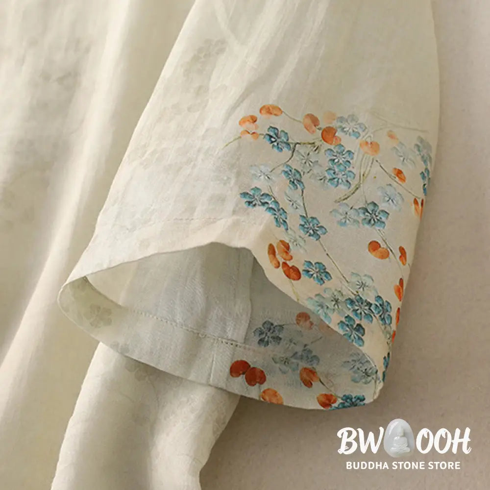 Buddha Stones Blue Flowers Orange Leaves Frog-Button Three Quarter Sleeve Cotton Linen Shirt - Women’s Shirts