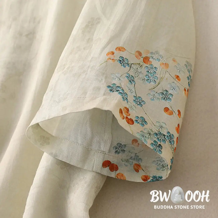 Buddha Stones Blue Flowers Orange Leaves Frog-Button Three Quarter Sleeve Cotton Linen Shirt - Women’s Shirts