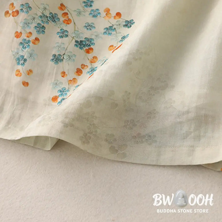 Buddha Stones Blue Flowers Orange Leaves Frog-Button Three Quarter Sleeve Cotton Linen Shirt - Women’s Shirts