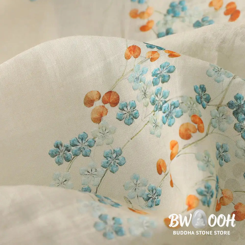 Buddha Stones Blue Flowers Orange Leaves Frog-Button Three Quarter Sleeve Cotton Linen Shirt - Women’s Shirts