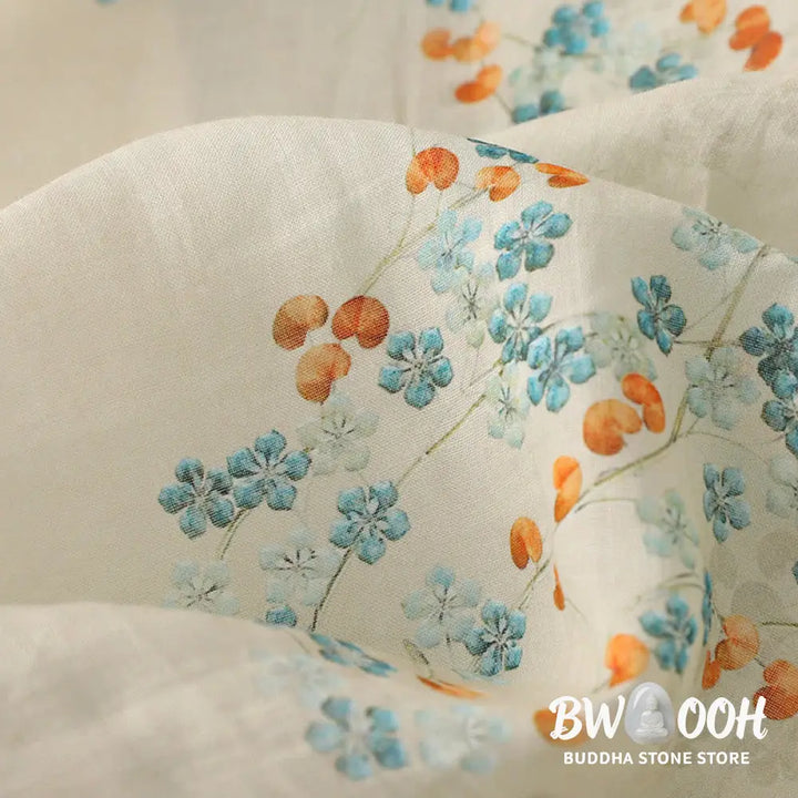 Buddha Stones Blue Flowers Orange Leaves Frog-Button Three Quarter Sleeve Cotton Linen Shirt - Women’s Shirts