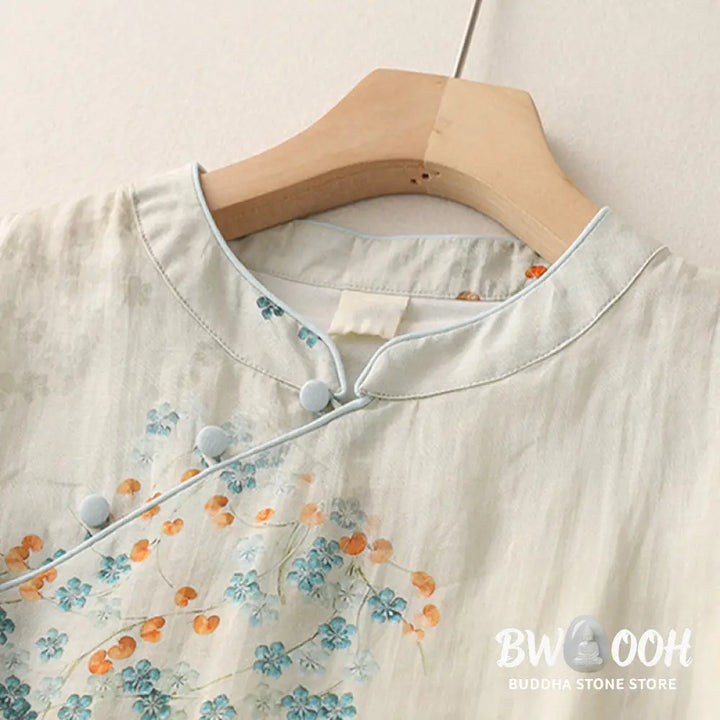 Buddha Stones Blue Flowers Orange Leaves Frog-Button Three Quarter Sleeve Cotton Linen Shirt - Women’s Shirts