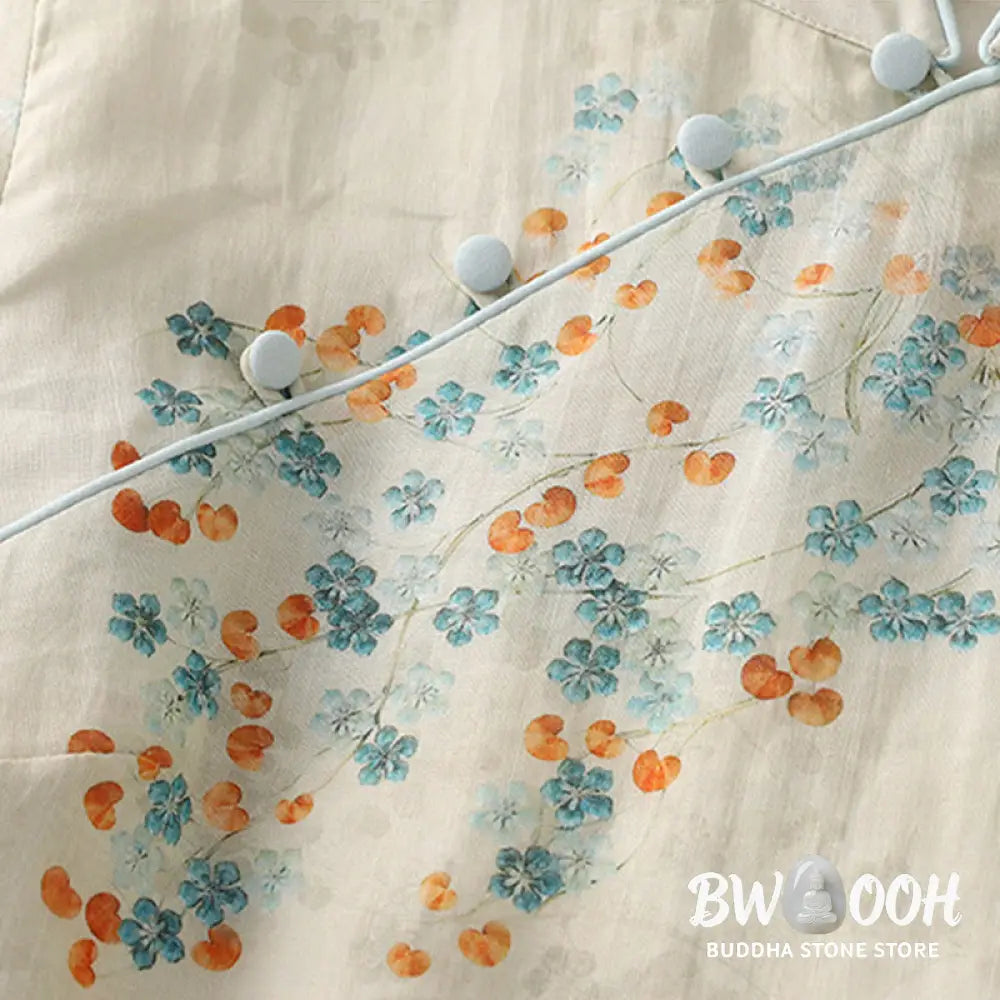 Buddha Stones Blue Flowers Orange Leaves Frog-Button Three Quarter Sleeve Cotton Linen Shirt - Women’s Shirts