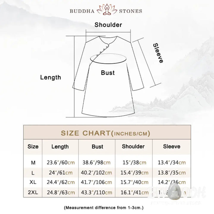 Buddha Stones Blue Flowers Orange Leaves Frog-Button Three Quarter Sleeve Cotton Linen Shirt - Women’s Shirts