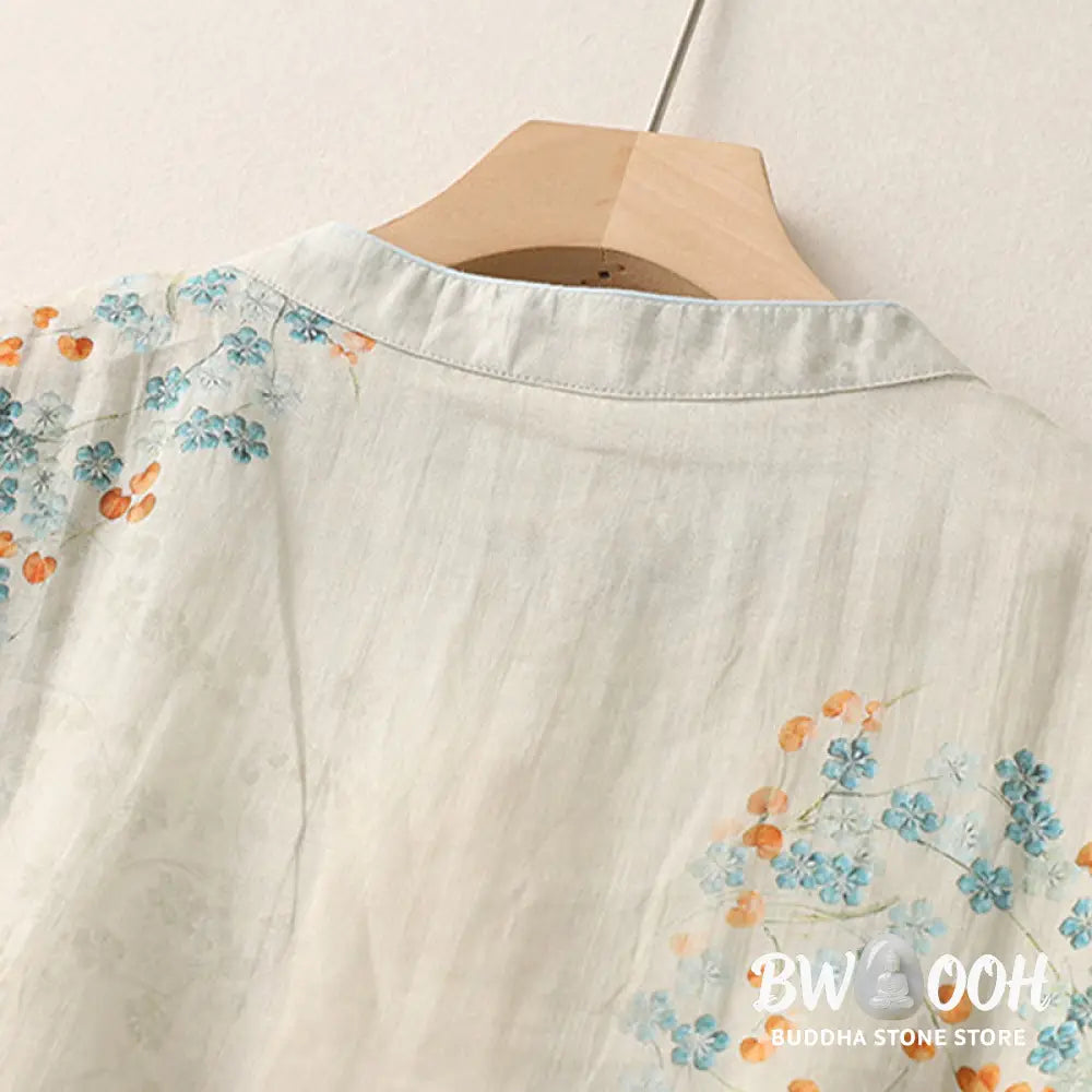 Buddha Stones Blue Flowers Orange Leaves Frog-Button Three Quarter Sleeve Cotton Linen Shirt - Women’s Shirts
