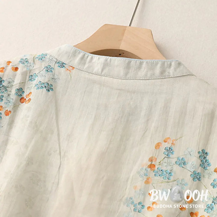 Buddha Stones Blue Flowers Orange Leaves Frog-Button Three Quarter Sleeve Cotton Linen Shirt - Women’s Shirts