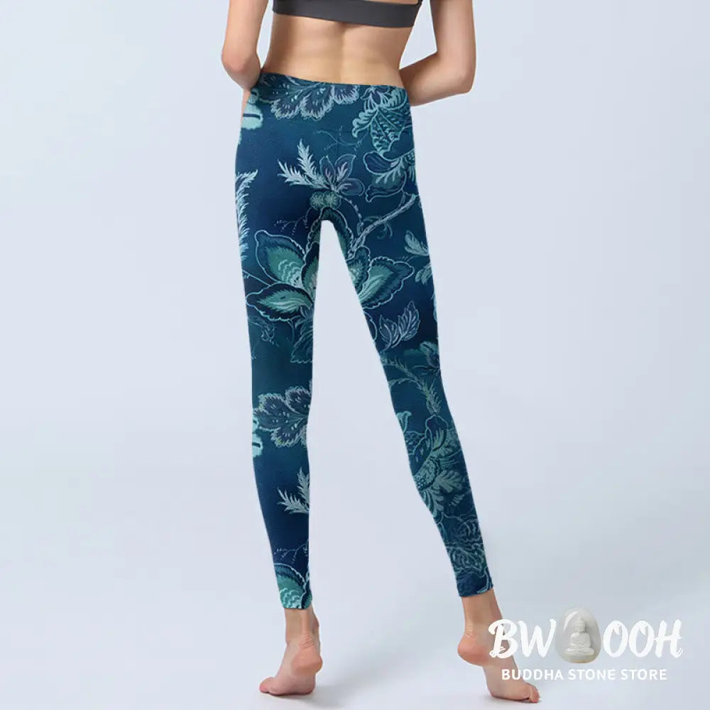 BWOOOH printed yoga leggings - Blue Flowers Print Sports Fitness Leggin