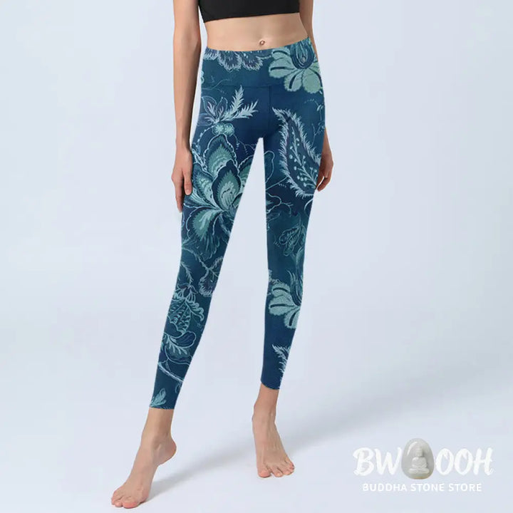 BWOOOH printed yoga leggings - Blue Flowers Print Sports Fitness Leggin
