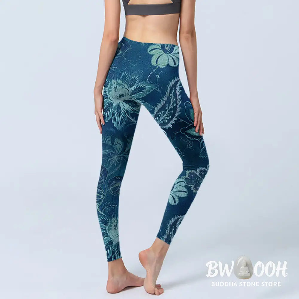 BWOOOH printed yoga leggings - Blue Flowers Print Sports Fitness Leggin