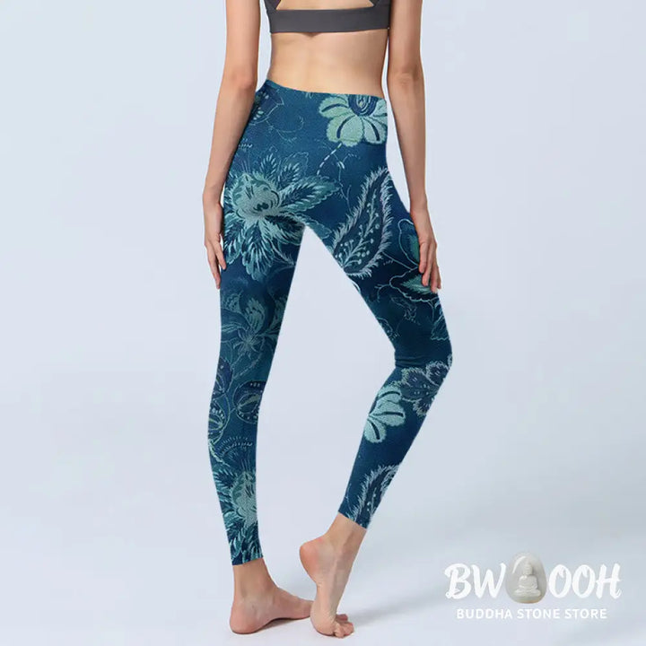 BWOOOH printed yoga leggings - Blue Flowers Print Sports Fitness Leggin