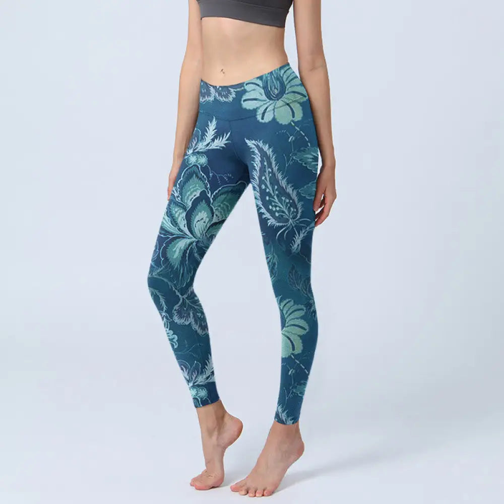 BWOOOH printed yoga leggings - Blue Flowers Print Sports Fitness Leggin