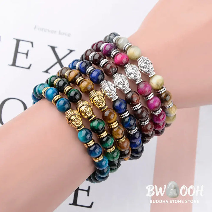 Buddha Stones Blue Green Red Tiger Eye Buddha Head Balance Bracelet - BWOOOH - Bracelet