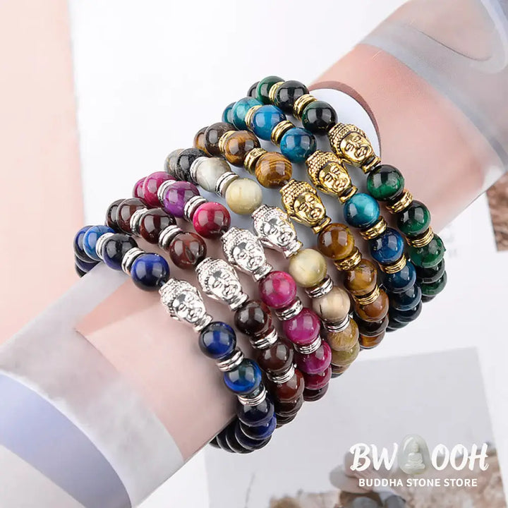 Buddha Stones Blue Green Red Tiger Eye Buddha Head Balance Bracelet - BWOOOH - Bracelet