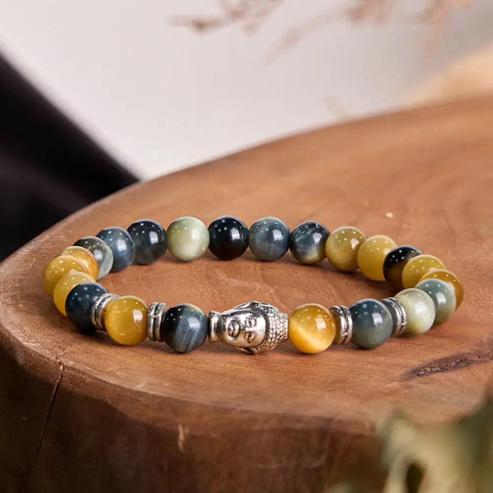 Buddha Stones Blue Green Red Tiger Eye Buddha Head Balance Bracelet - BWOOOH - Beige Tiger Eye(Wrist Circumference: