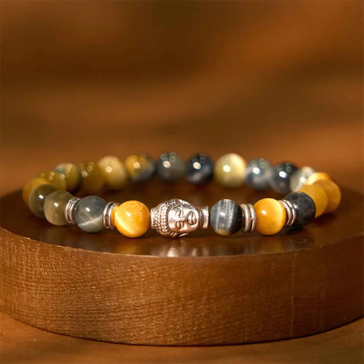 Buddha Stones Blue Green Red Tiger Eye Buddha Head Balance Bracelet - BWOOOH - Beige Tiger Eye(Wrist Circumference: