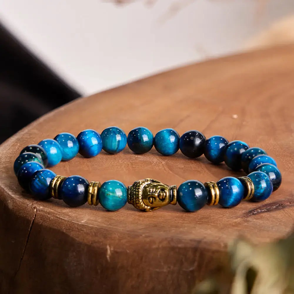 BWOOOH Blue Green Red Tiger Eye Buddha Head Balance Bracelet - BWOOOH - Lake Bule Tiger Eye Gold(Wrist