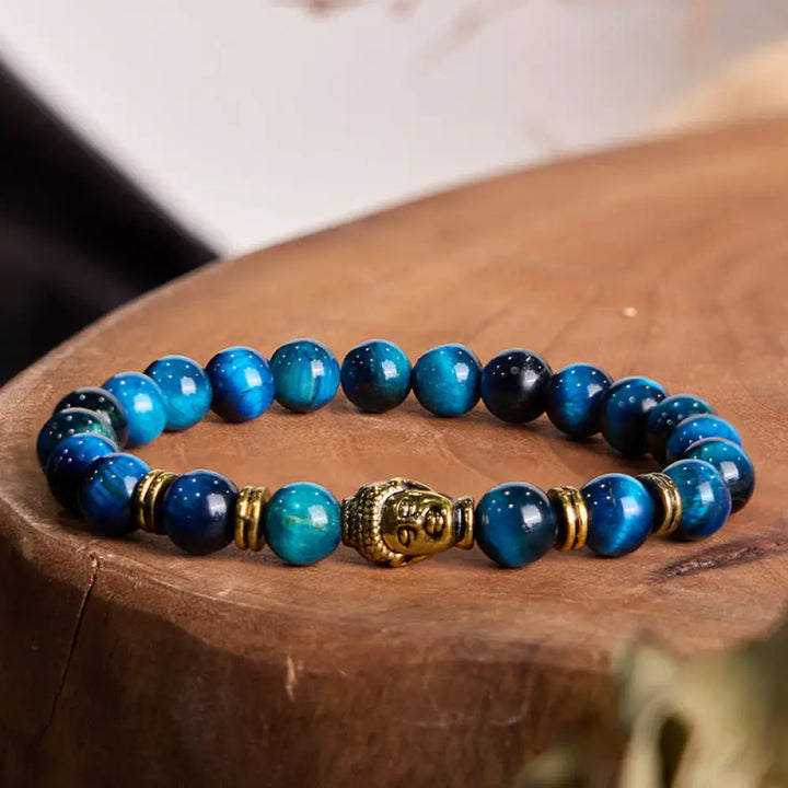 BWOOOH Blue Green Red Tiger Eye Buddha Head Balance Bracelet - BWOOOH - Lake Bule Tiger Eye Gold(Wrist