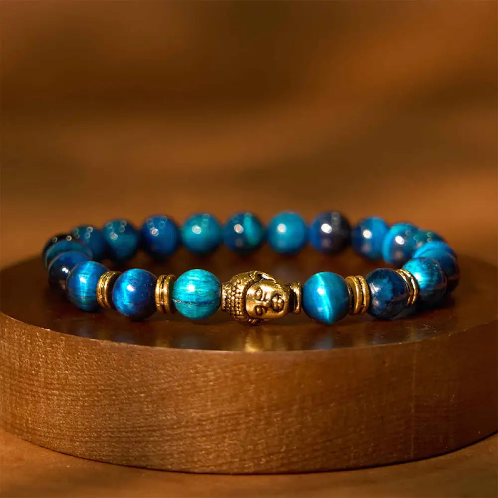 BWOOOH Blue Green Red Tiger Eye Buddha Head Balance Bracelet - BWOOOH - Lake Bule Tiger Eye Gold(Wrist