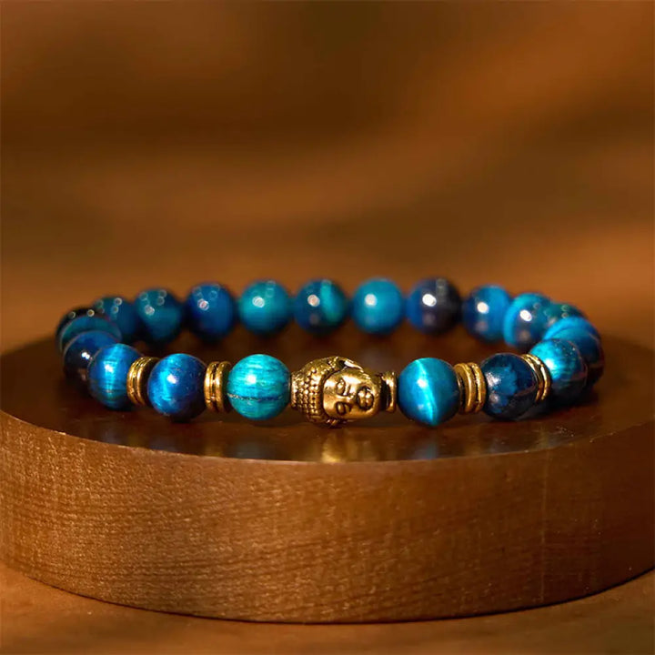 BWOOOH Blue Green Red Tiger Eye Buddha Head Balance Bracelet - BWOOOH - Lake Bule Tiger Eye Gold(Wrist