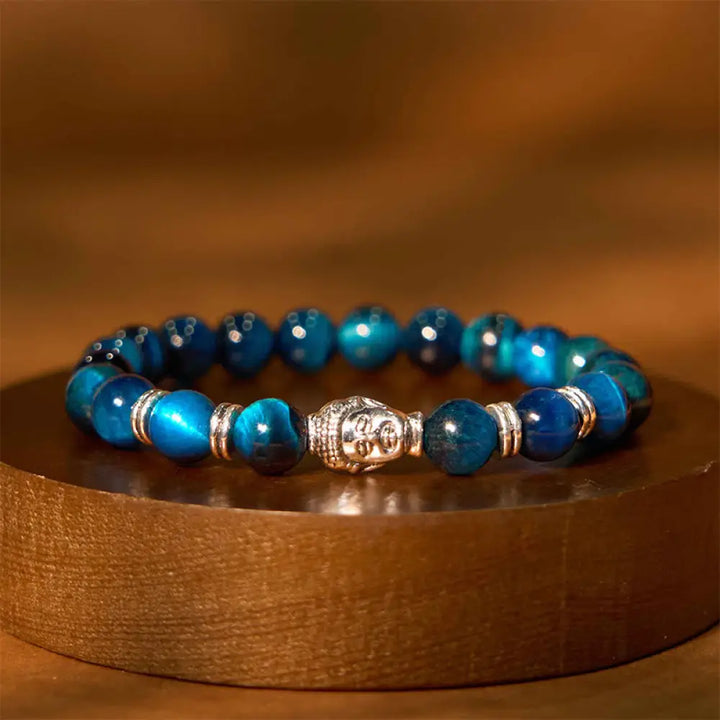Buddha Stones Blue Green Red Tiger Eye Buddha Head Balance Bracelet - BWOOOH - Lake Bule Tiger Eye Silver(Wrist