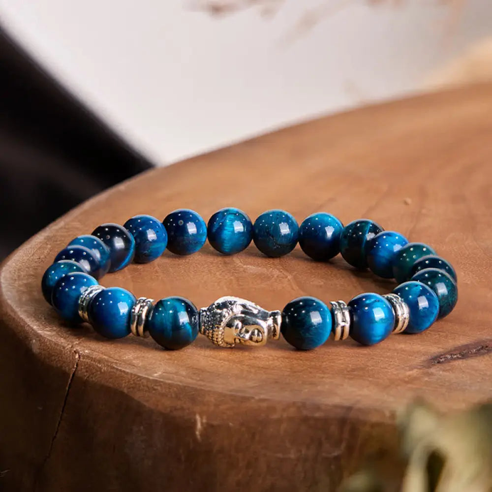 Buddha Stones Blue Green Red Tiger Eye Buddha Head Balance Bracelet - BWOOOH - Lake Bule Tiger Eye Silver(Wrist
