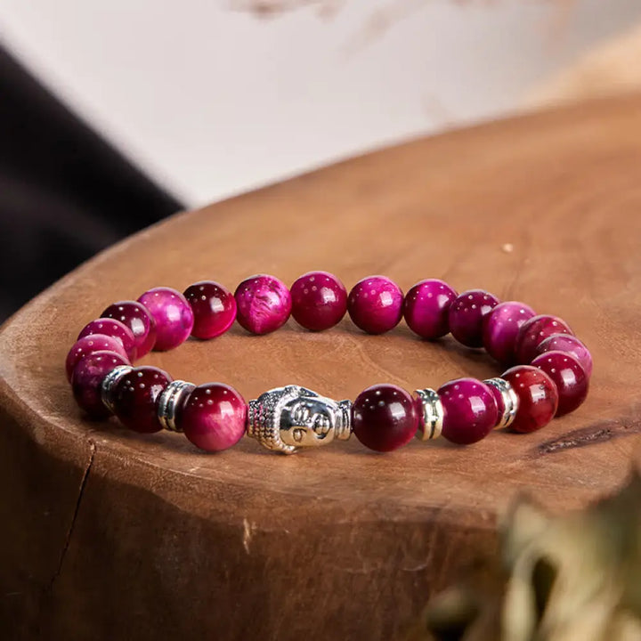 Buddha Stones Blue Green Red Tiger Eye Buddha Head Balance Bracelet - BWOOOH - Pink Tiger Eye(Wrist Circumference: