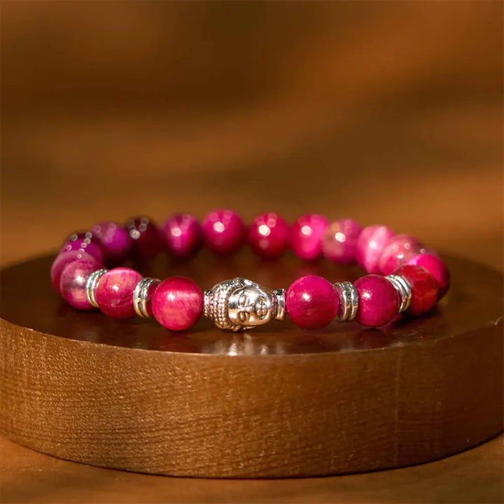 Buddha Stones Blue Green Red Tiger Eye Buddha Head Balance Bracelet - BWOOOH - Pink Tiger Eye(Wrist Circumference: