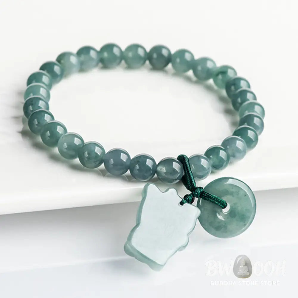 Buddha Stones Blue Jade Peace Buckle Lucky Cat Prosperity Bracelet - Jade(Wrist circumference: 14-16cm) - Bracelet