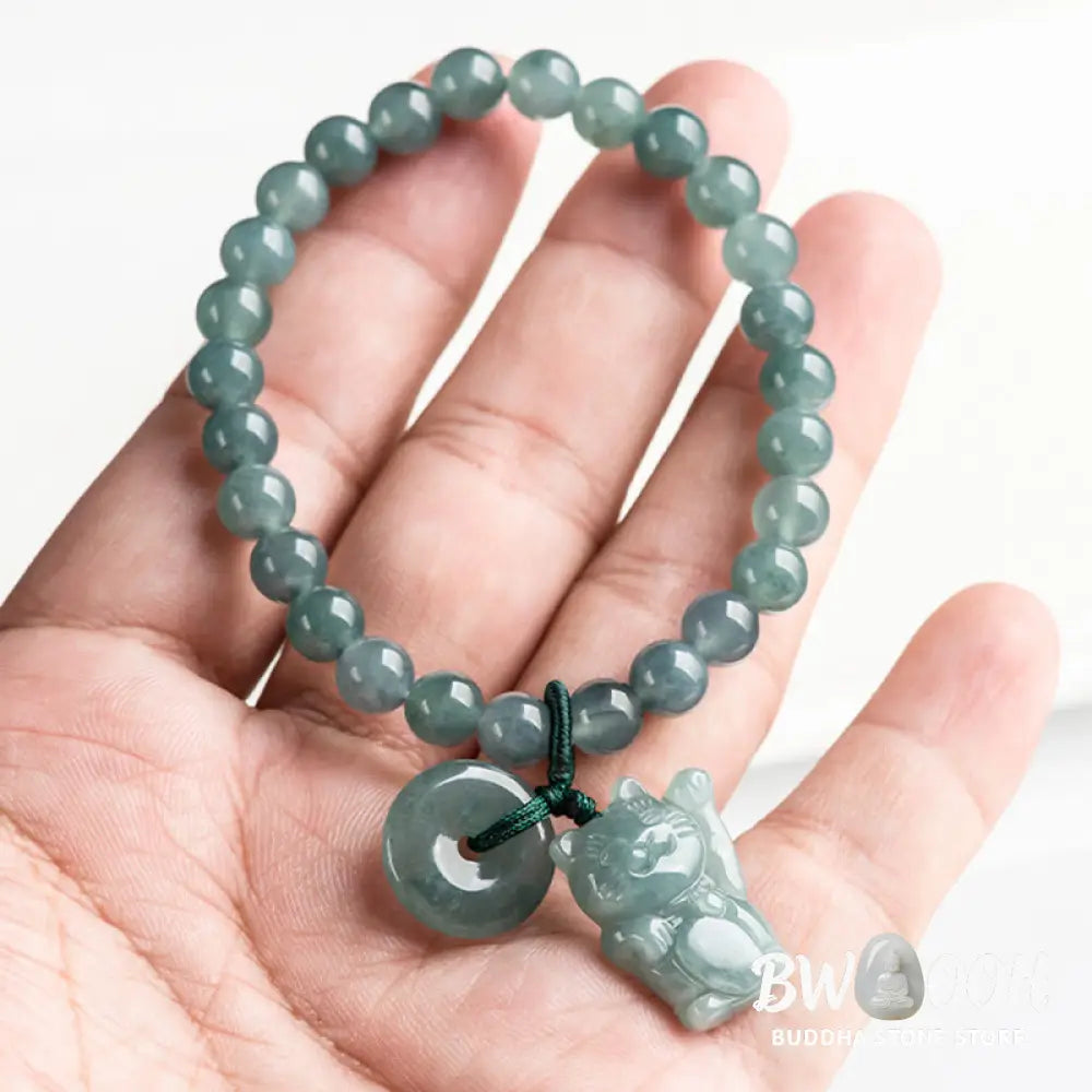 Buddha Stones Blue Jade Peace Buckle Lucky Cat Prosperity Bracelet - Jade(Wrist circumference: 14-16cm) - Bracelet
