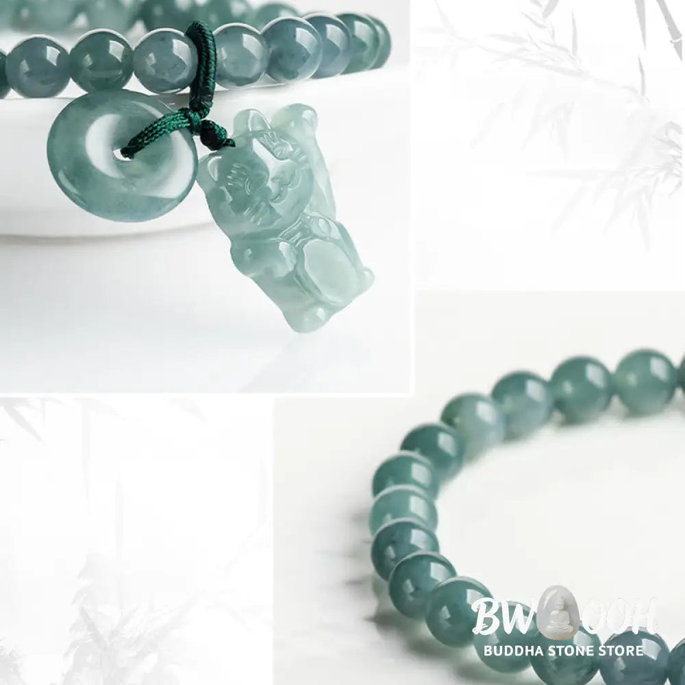 Buddha Stones Blue Jade Peace Buckle Lucky Cat Prosperity Bracelet - Jade(Wrist circumference: 14-16cm) - Bracelet